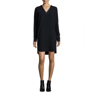 Vince Mixed Media Dress Black Size 10 Silk Long Sleeves Faux Leather V Neck